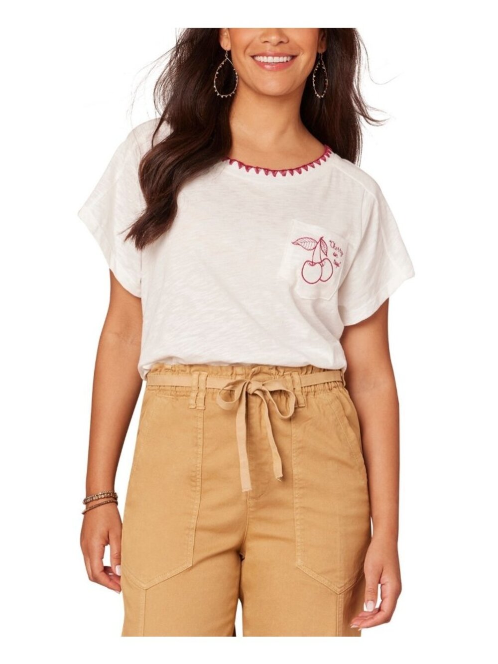 Democracy Cotton/Modal Embroidered-Pocket Short-Sleeve T-Shirt White Size M $54